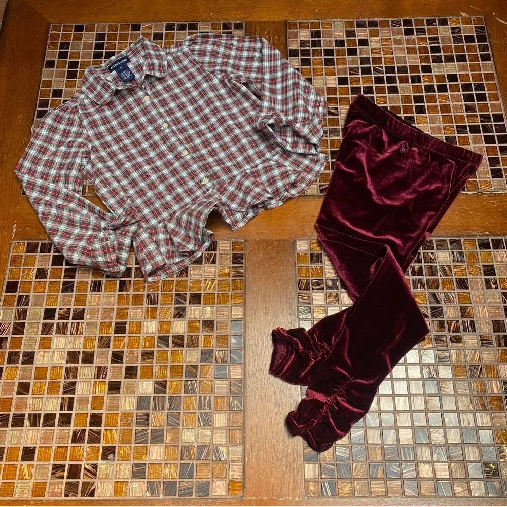 Ralph Lauren Cotton Plaid Poplin Blouse and Velvet Leggings Set